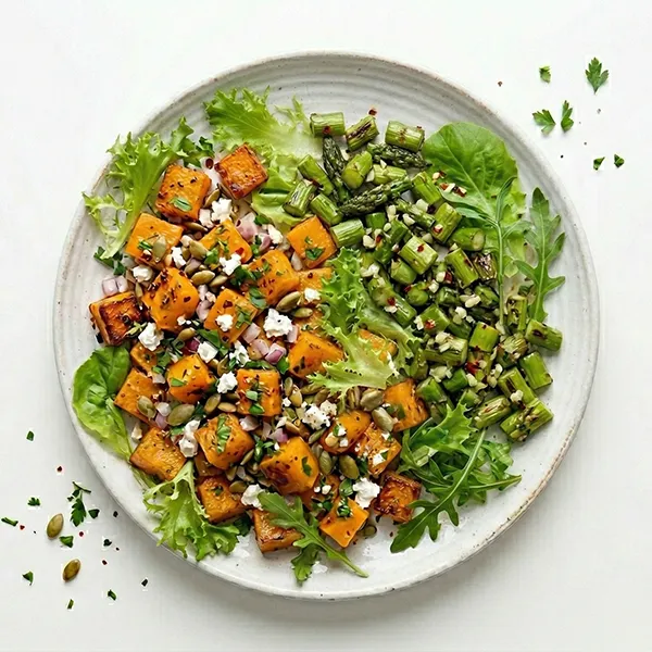 Oven Baked Butter Nut Squash And Grilled Asparagus  Salad With Garlic Parsley Dressing